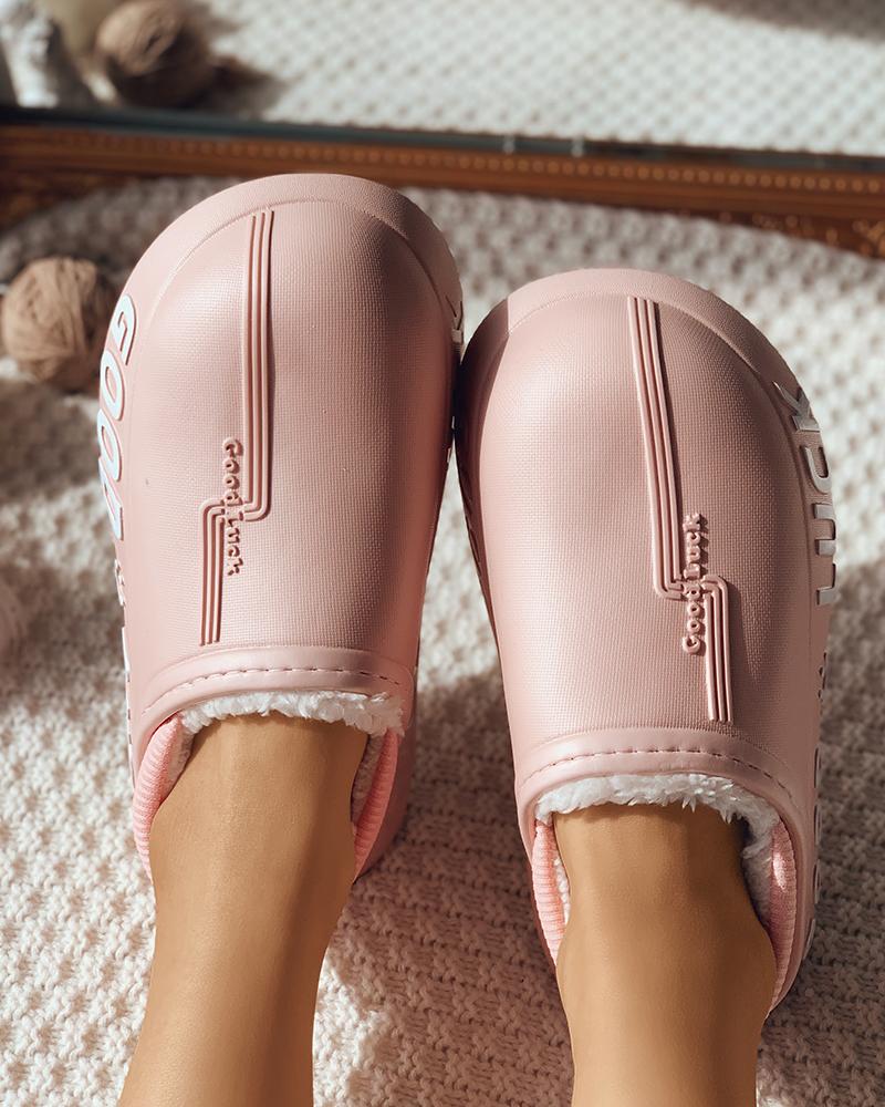 

Letter Pattern Lined Slide Slippers, Pink