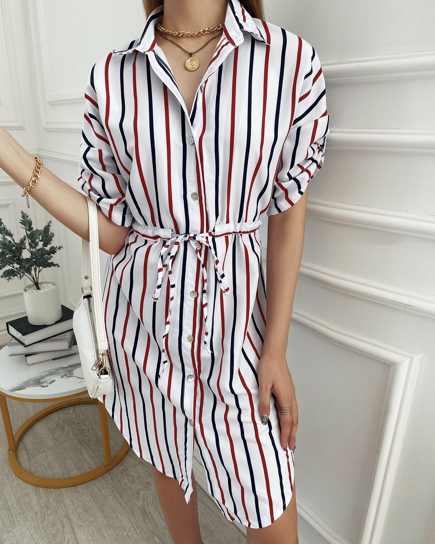 

Button Front Striped Print Colorblock Shirt Dress, Multicolor