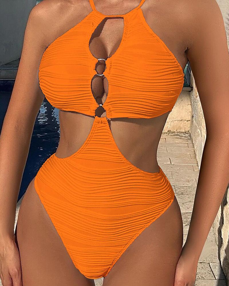 

Crisscross Backless Cutout Textured One Piece Swimsuit, Orange