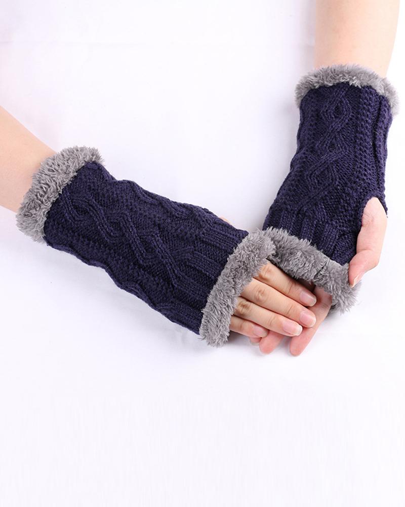 

1Pair Warm Fleece Lined Knit Fingerless Gloves, Purplish blue