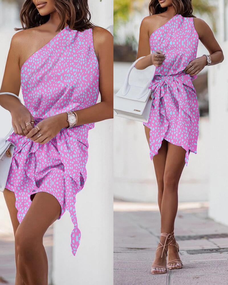 

Allover Print One Shoulder Tied Detail Casual Dress, Purple