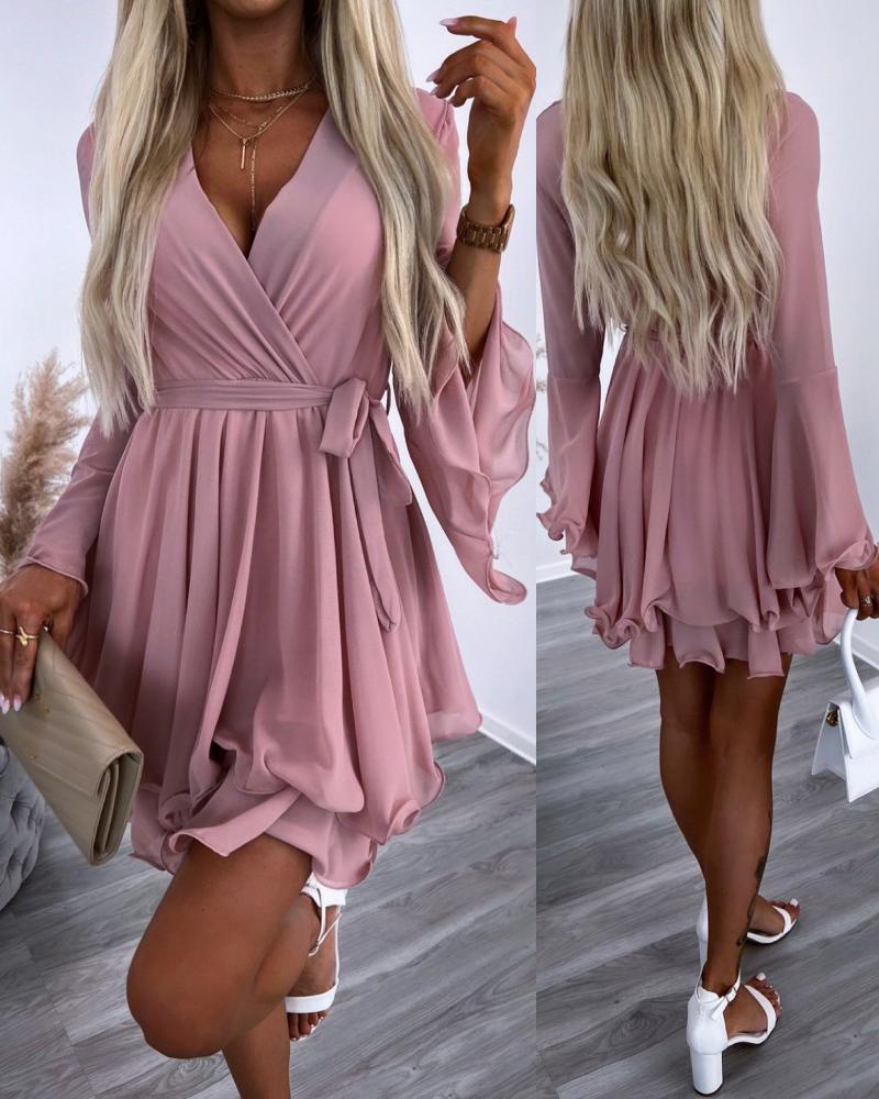 

V-Neck Bell Sleeve Pleated Layered Dress, Pink