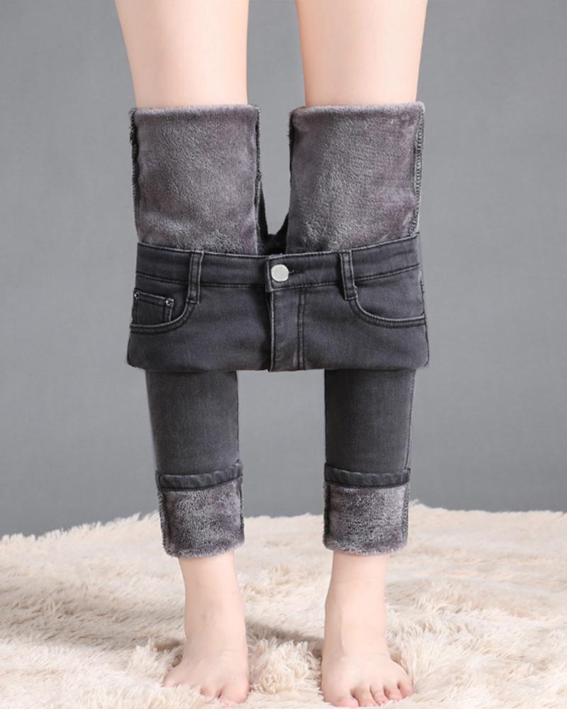 

High Waist Fleece Lined Jeans, Gray