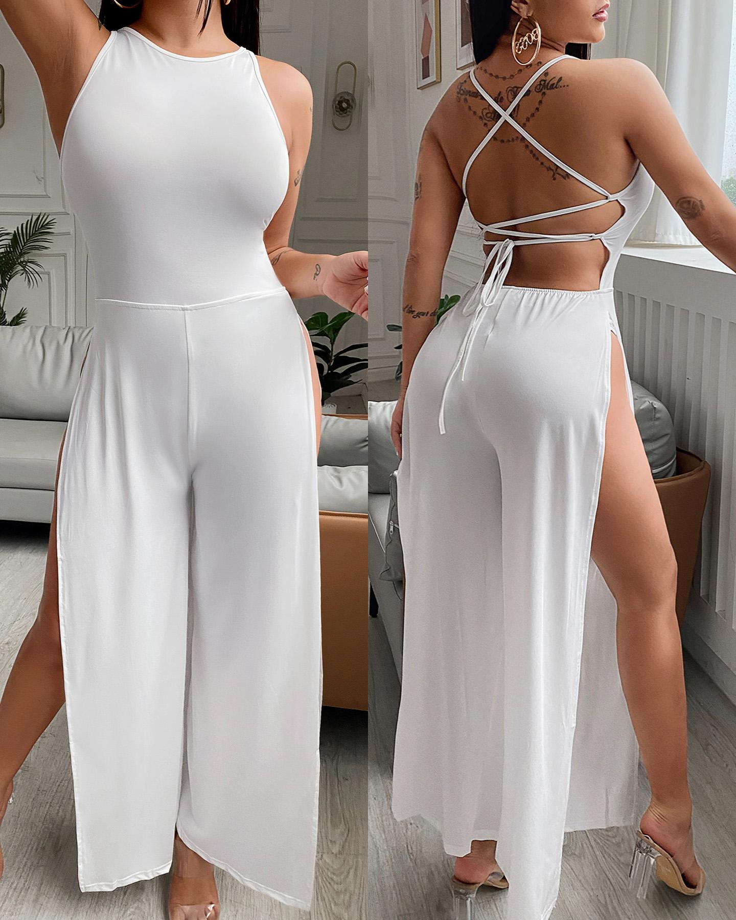 

Crisscross Backless High Slit Jumpsuit, White
