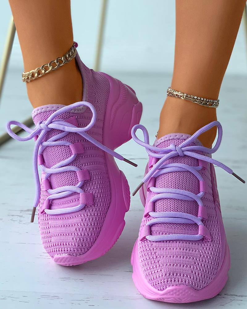 

Letter Pattern Rhinestone Lace-up Muffin Sneakers, Purple
