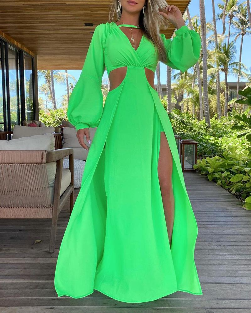 

Lantern Sleeve Cutout Backless High Slit Maxi Dress, Green