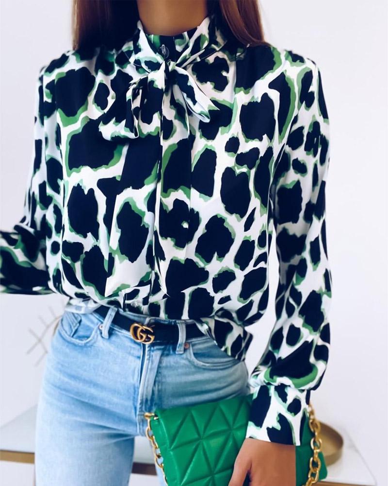 

Leopard Print Tie Neck Long Sleeve Top, Green
