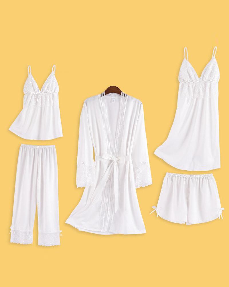 

Lace Trim 5pcs Pajama Set, White