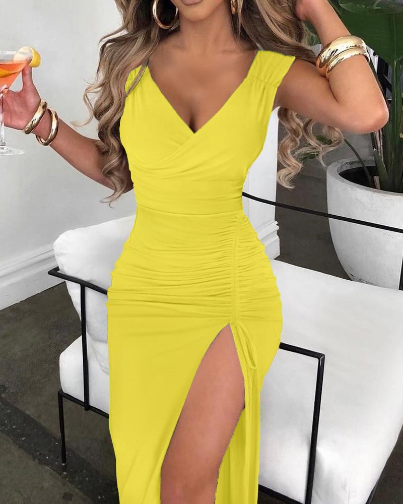 

Drawstring Ruched High Slit Party Dress, Yellow