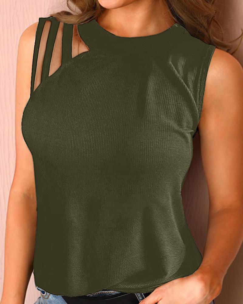 

Cutout Plain Round Neck Top, Army green