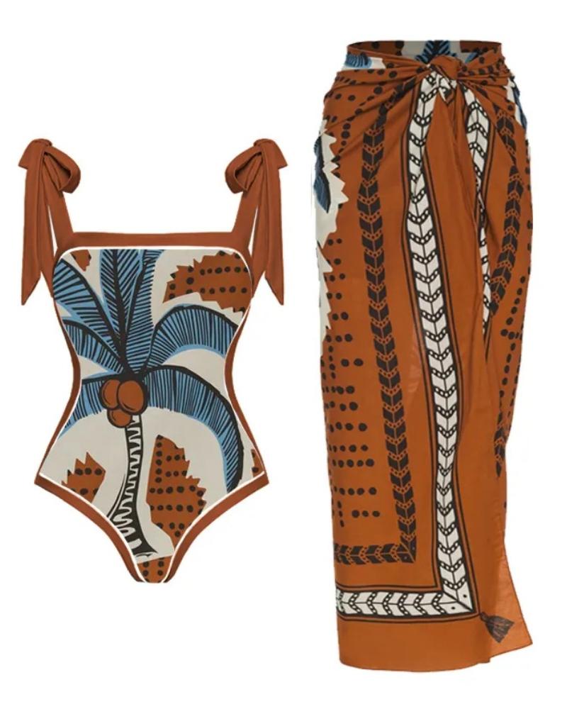 

Coconut Tree Tropiacl Print Tied Detail One Piece Swimsuit With Cover Up, Coffee