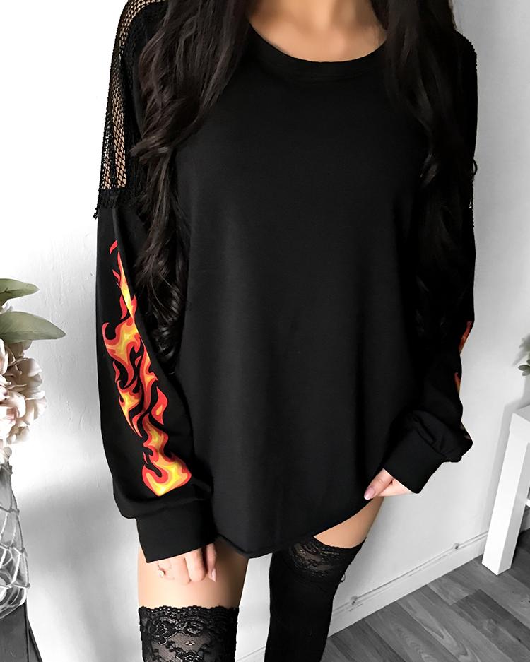 

Flame Print Hollow Out Back Sweatshirt - Black
