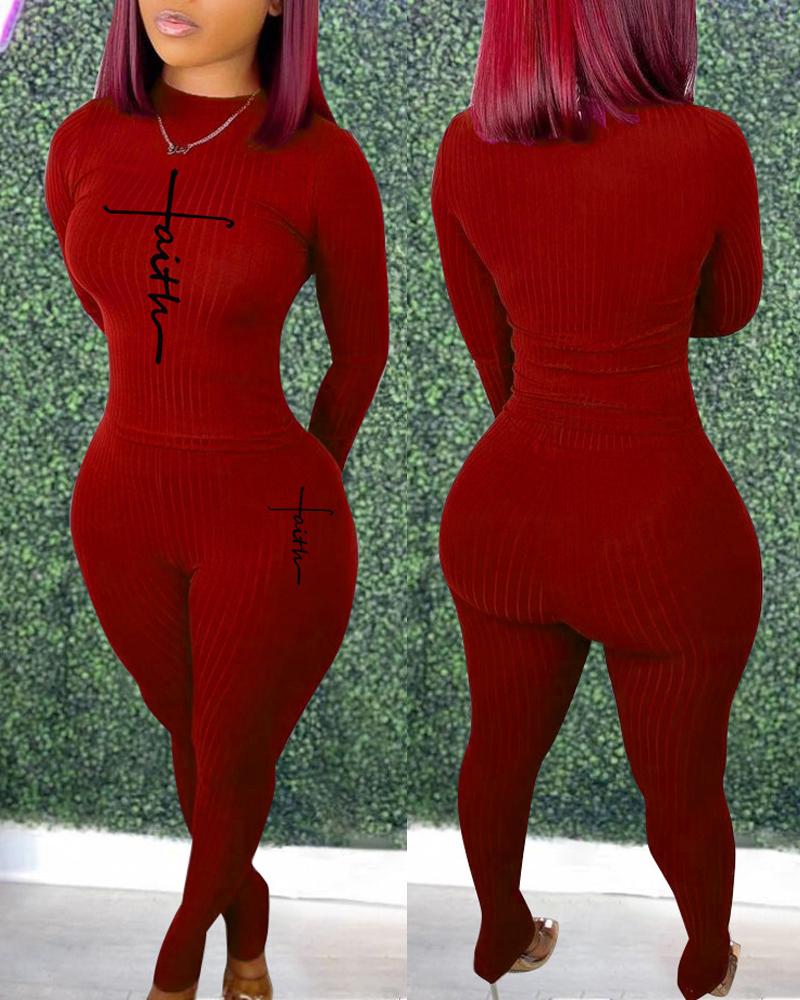

Letter Print Ribbed Long Sleeve Top & Pants Set, Red