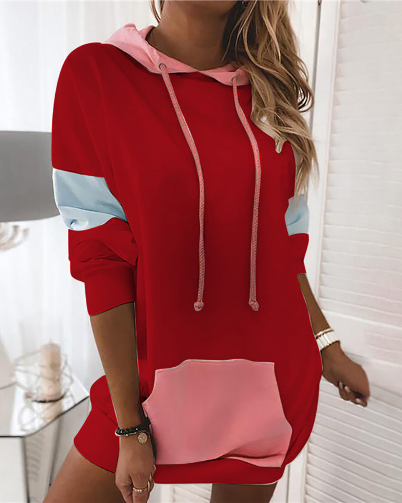 

Long Sleeve Pocket Design Colorblock Hooded Sweatshirt, Red