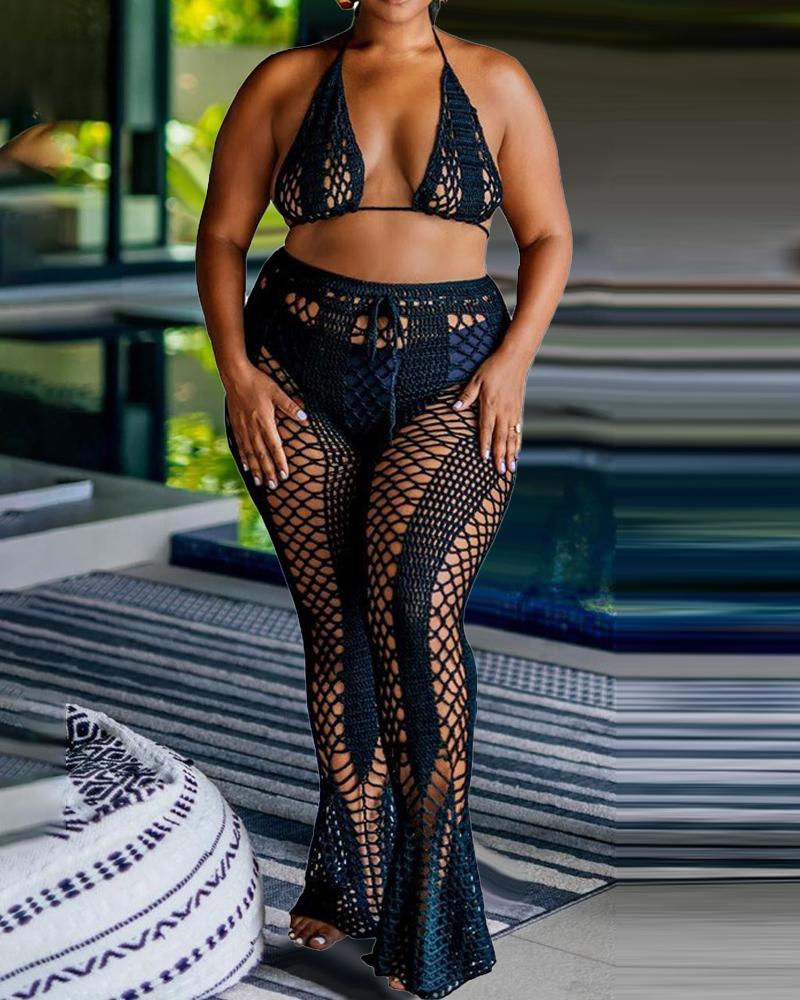 

Halter Hollow Out Top & Bootcut Crochet Cover Up Pants Set, Black