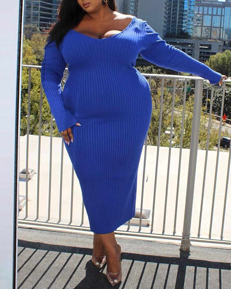 

Plus Size Long Sleeve Ribbed Bodycon Dress, Blue