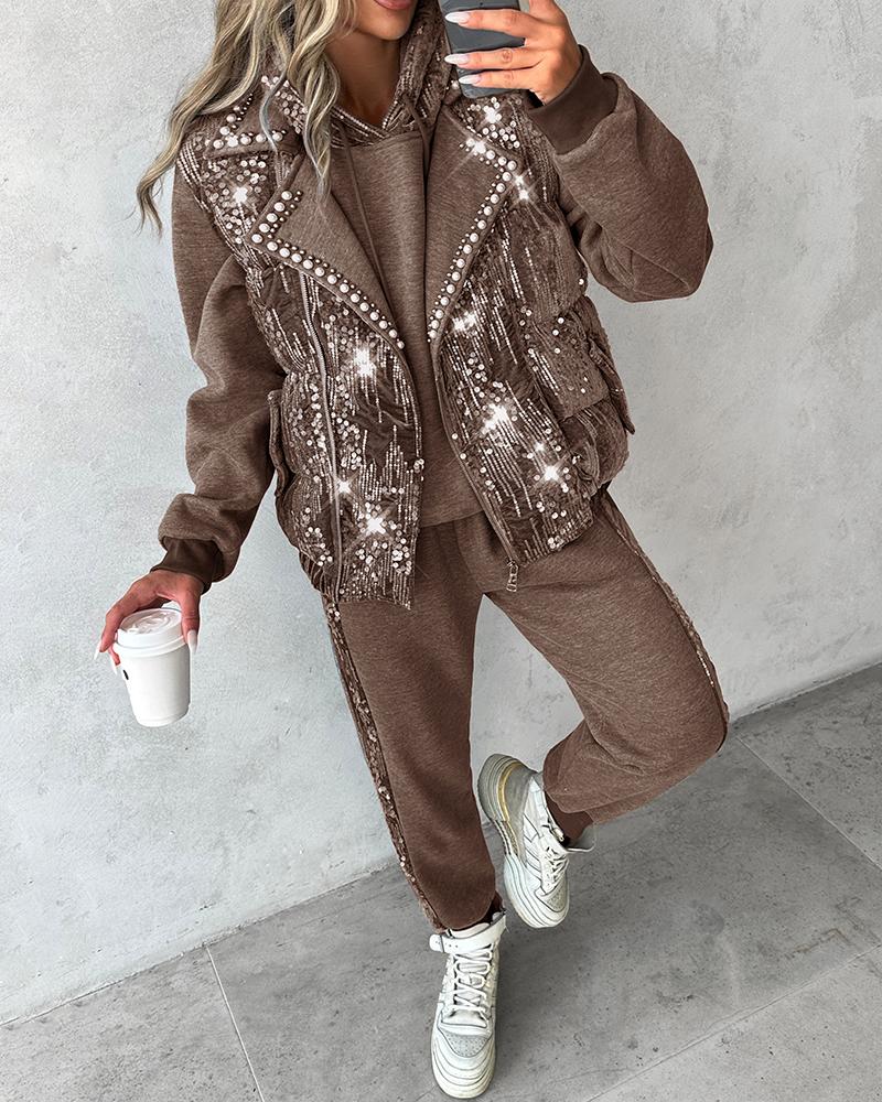 

Contrast Sequin Hoodie & Cuffed Pants Set With Beaded Puffer Vest Coat, Khaki