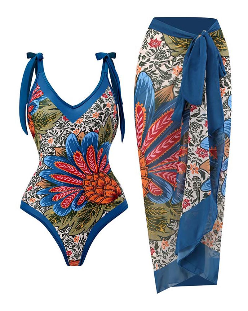 

Plants Pineapple Print One-Piece Swimsuit With Cover Up, Blue