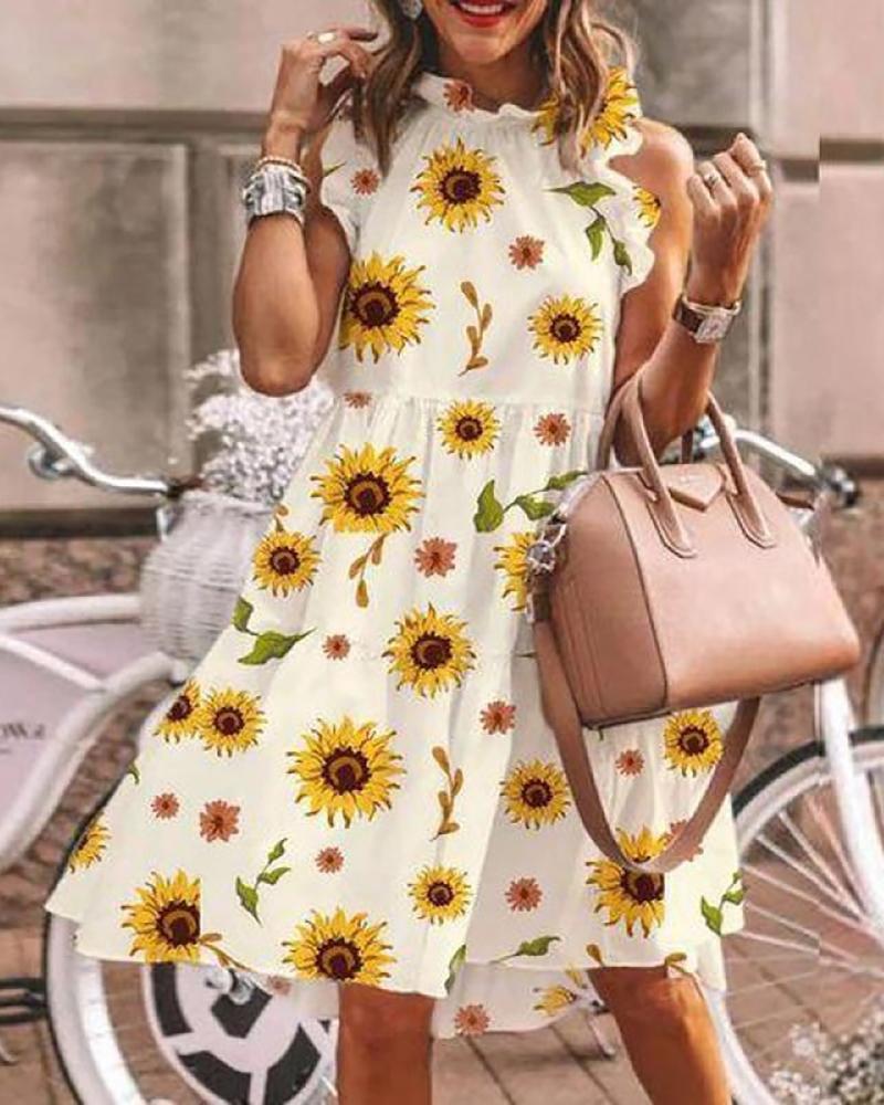 

Floral / Polkadot / Sunflower / Daisy Print Ruffles Casual Dress, Style5