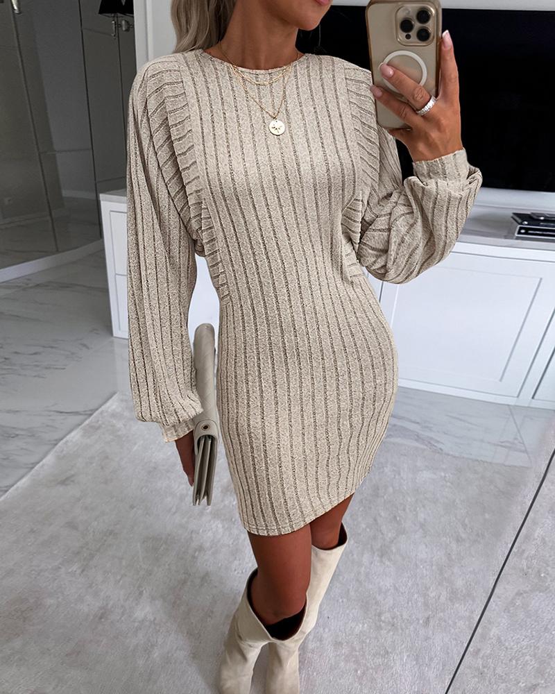 

Lantern Sleeve Ribbed Long Sleeve Dress, Apricot