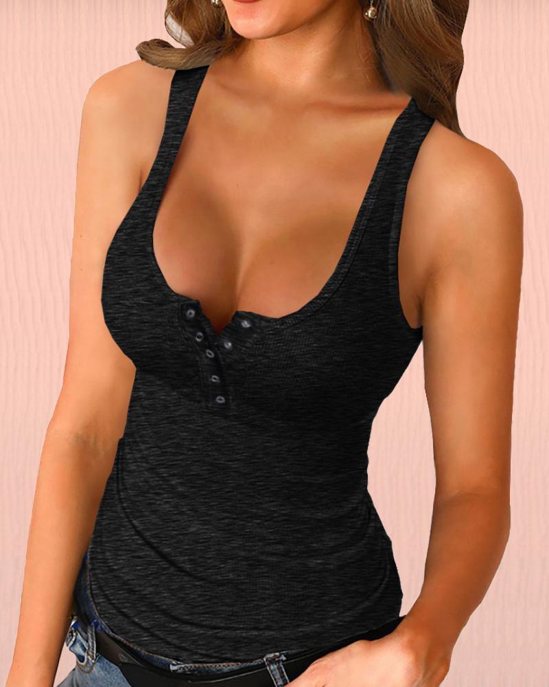 

U-Neck Snap Button Ribbed Tank Top, Black