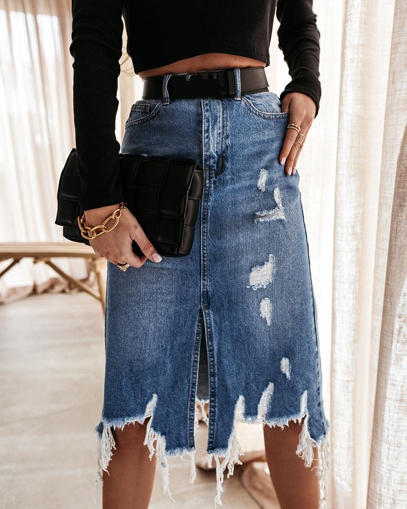 

Fringe Hem Pocket Design Ripped Denim Skirt, Blue