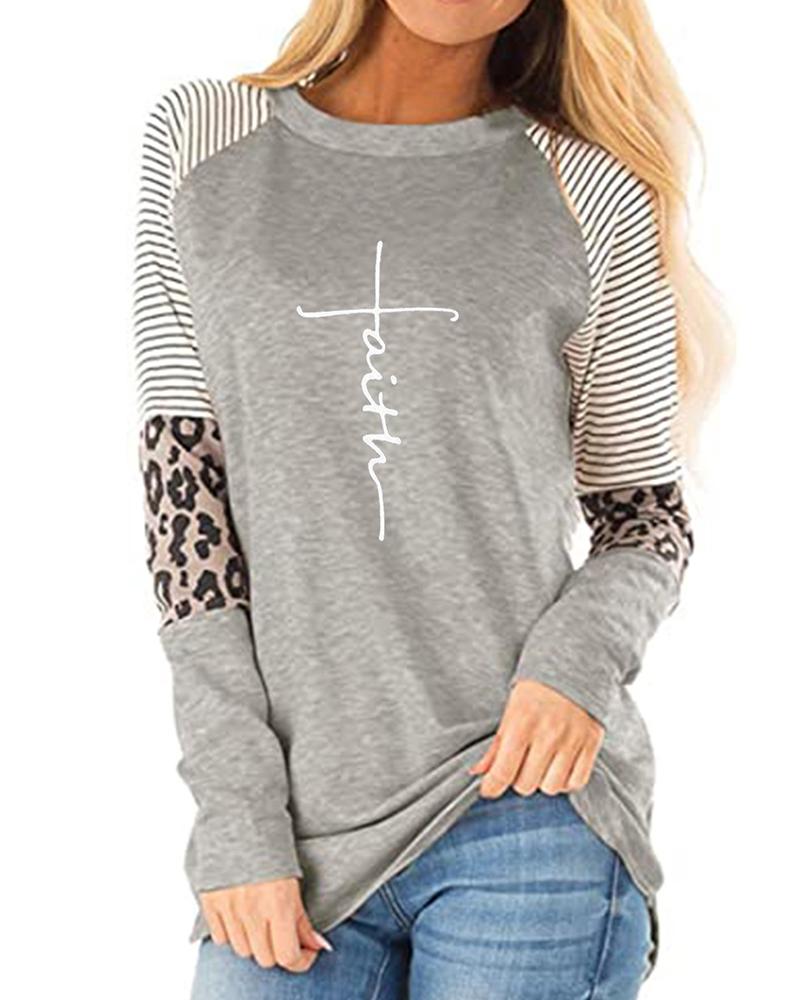 

Letter Print Colorblock Long Sleeve Top, Gray