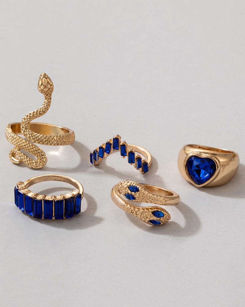 

5pcs Retro Snake Heart Geometric Shaped Ring Set, Blue