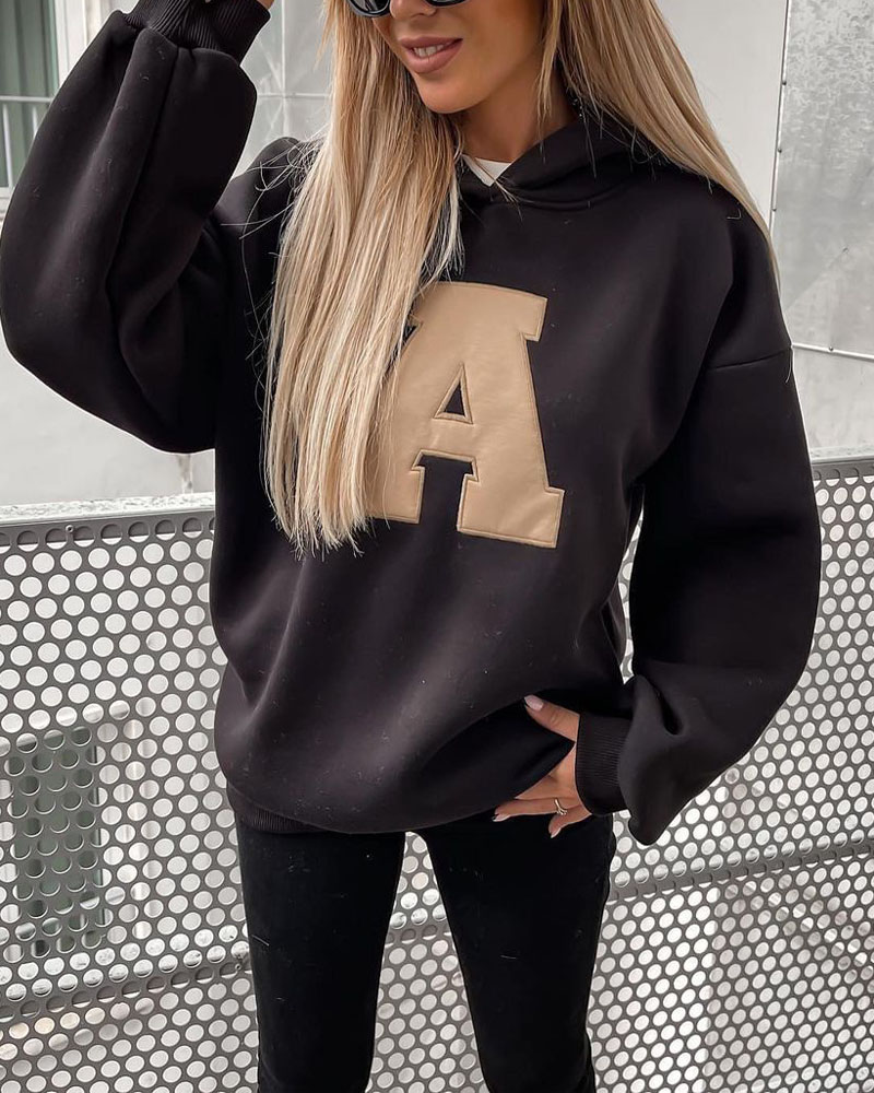 

Letter Embroidery Drop Shoulder Hoodie, Black