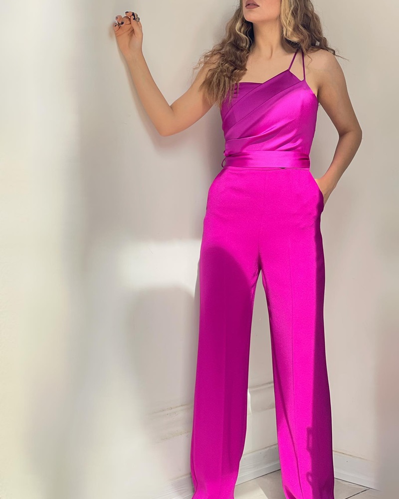 

Asymmetrical Neck Pocket Design Jumpsuit, Hot pink