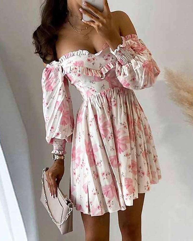 

Off Shoulder Floral Print Frill Hem Ruched Dress, Pink