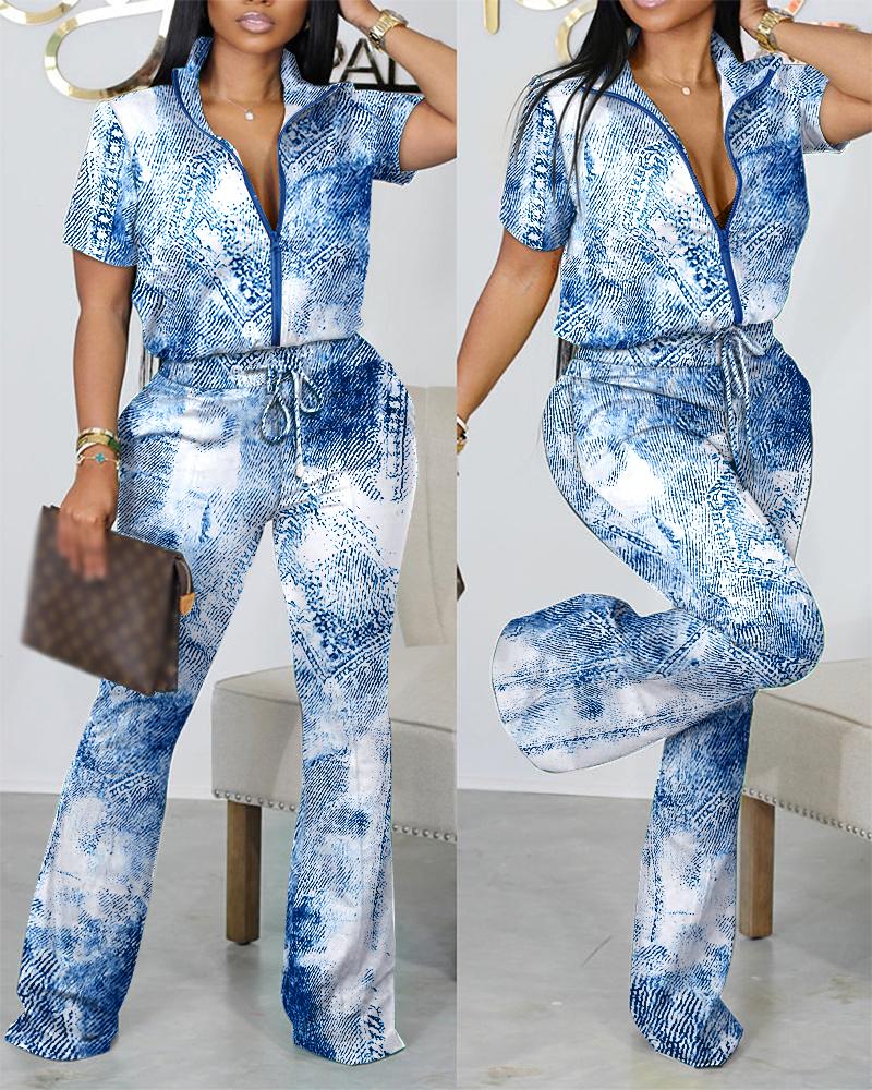 

Denim Look Print Zip Up Top & Drawstring Pants Set, Blue