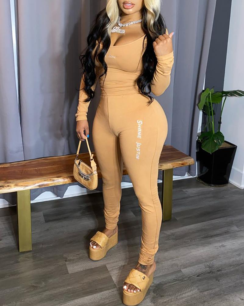 

Letter Print Long Sleeve Top & Skinny Pants Set, Brown