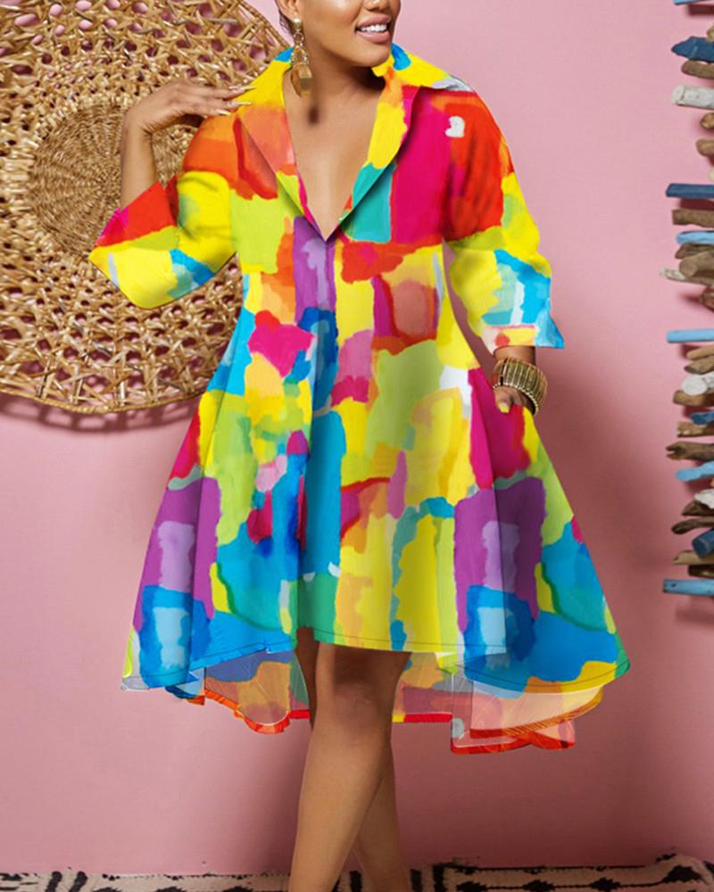 

Plus Size Melting Colors All-over Print Flowy Shirt Dress, Multicolor