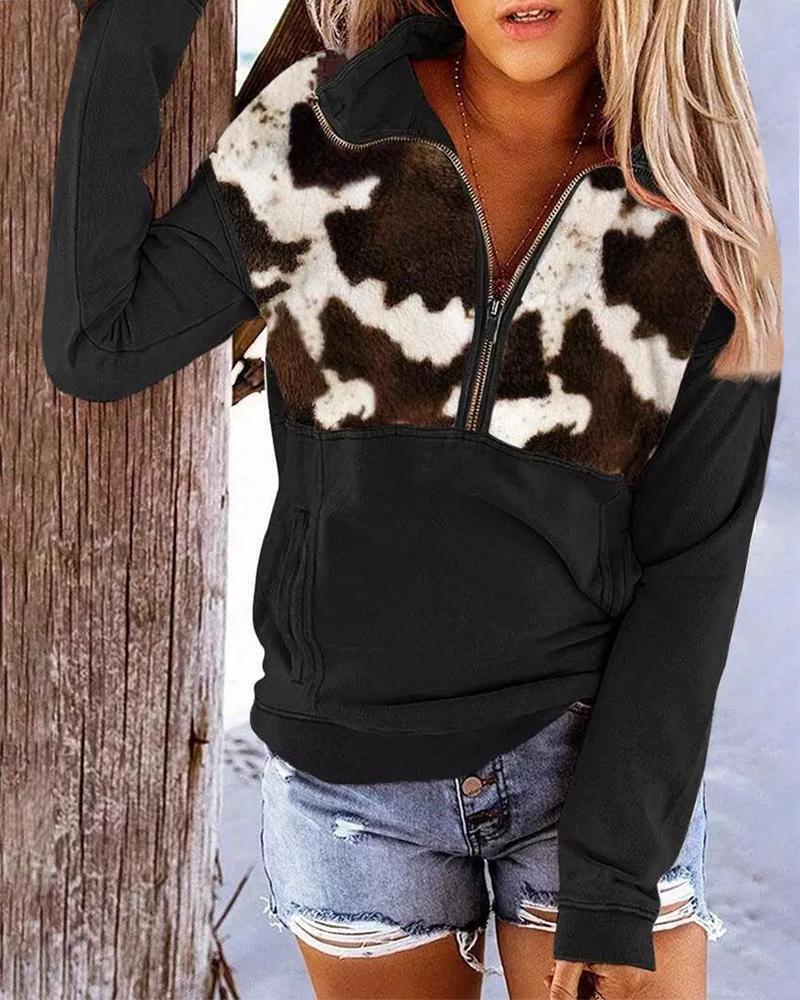 

Cow Pattern Zipper Pocket Design Pullover Sweatshirt, Black
