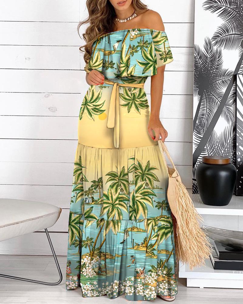 

Off Shoulder Tropical Print Ruffles Maxi Dress, Multicolor