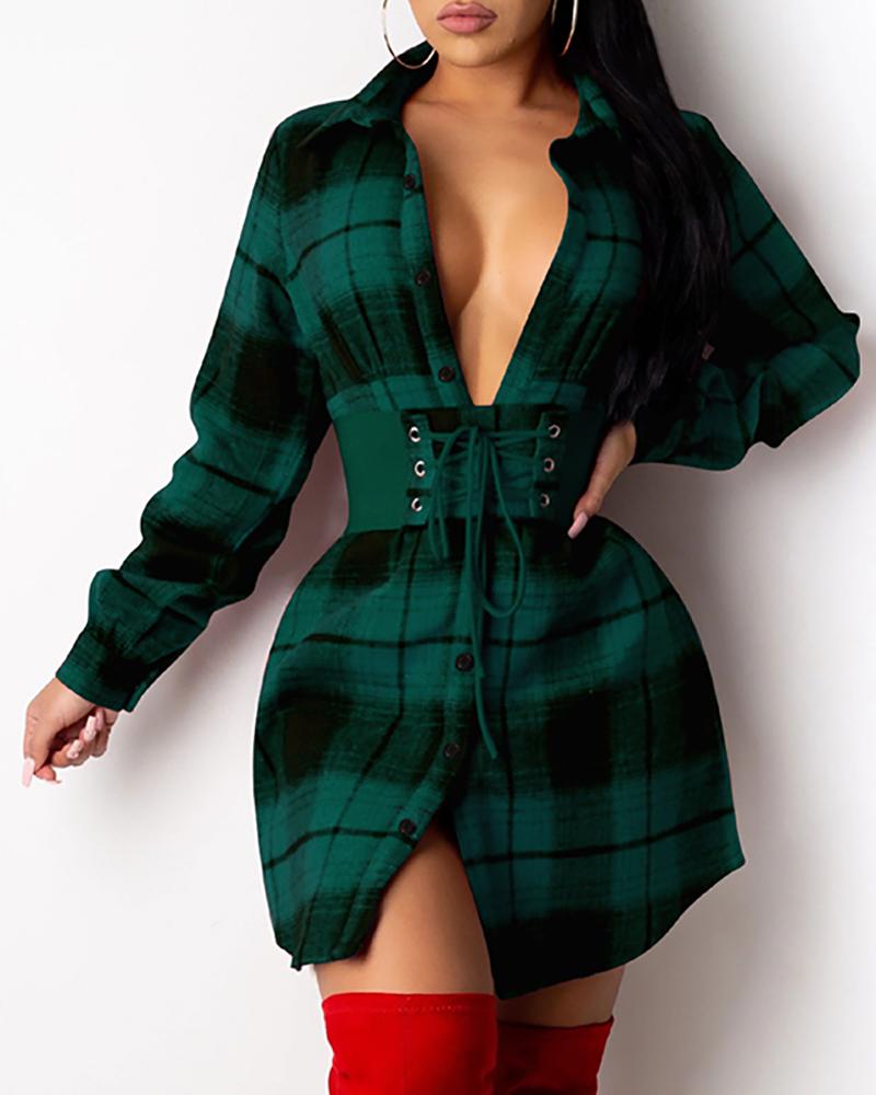 

Plaid Print Button Design Shirt Dress（Without Belt), Green