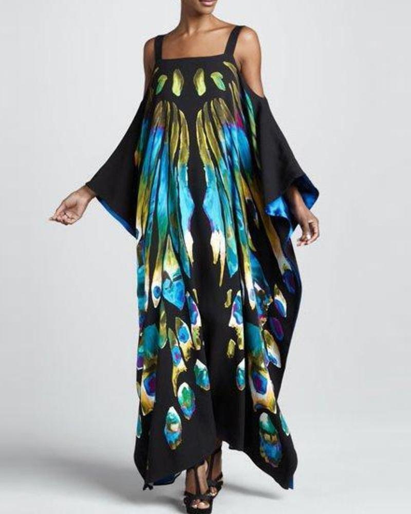 

Butterfly Print Cold Shoulder Beach Cover Up Dress, Black