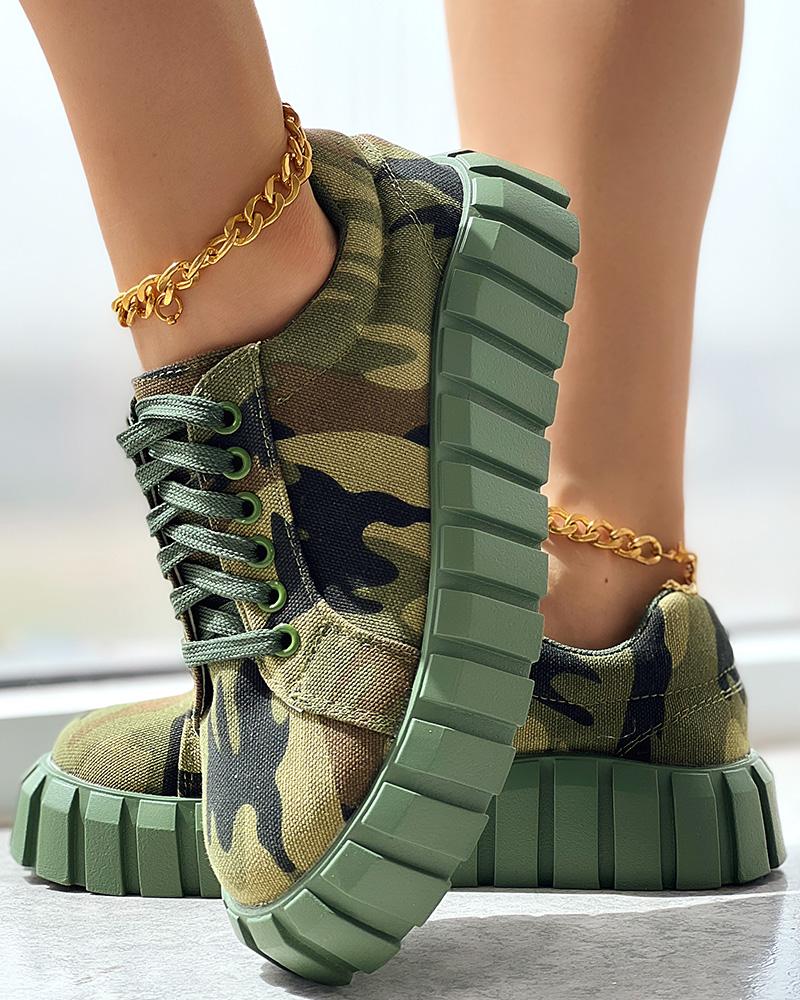 

Camouflage Print Platform Lace-up Canvas Sneakers, Camoflage