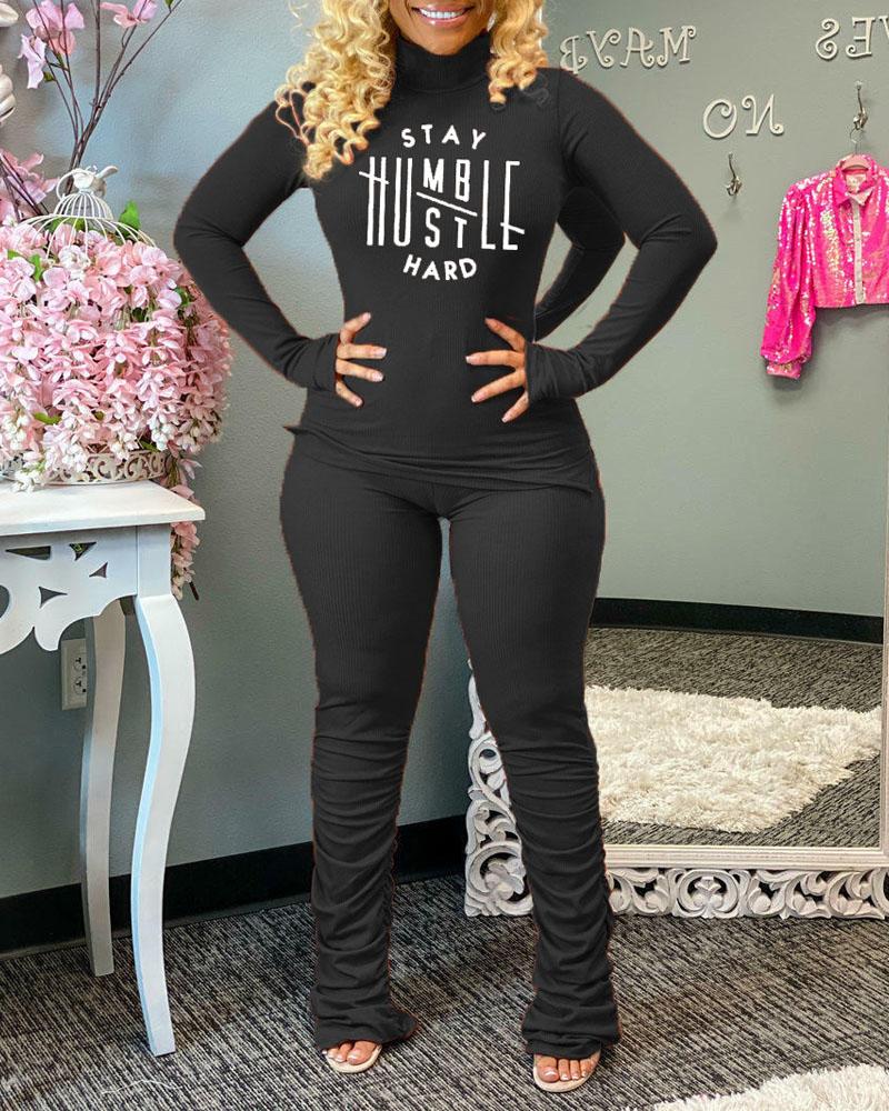 

Letter Print Split Hem Ribbed Top & Stacked Pants Set, Black