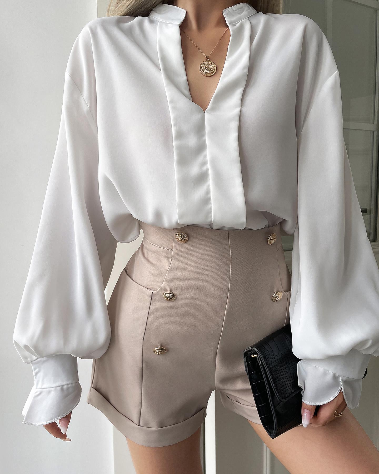 

Bell Sleeve Frill Hem Casual Shirt, White