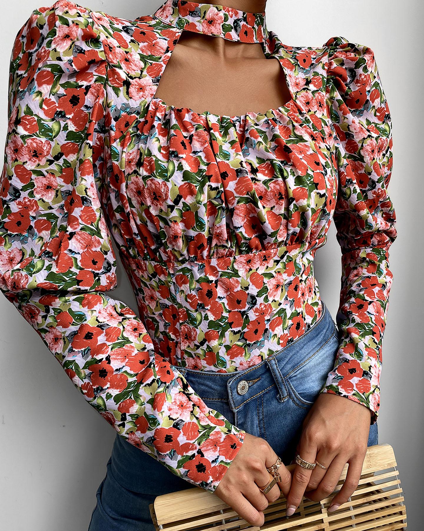 

Floral Print Cutout Front Puff Sleeve Top, Red
