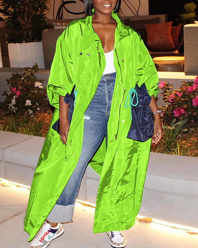 

Pocket Design Stand Collar Drawstring Longline Coat, Green