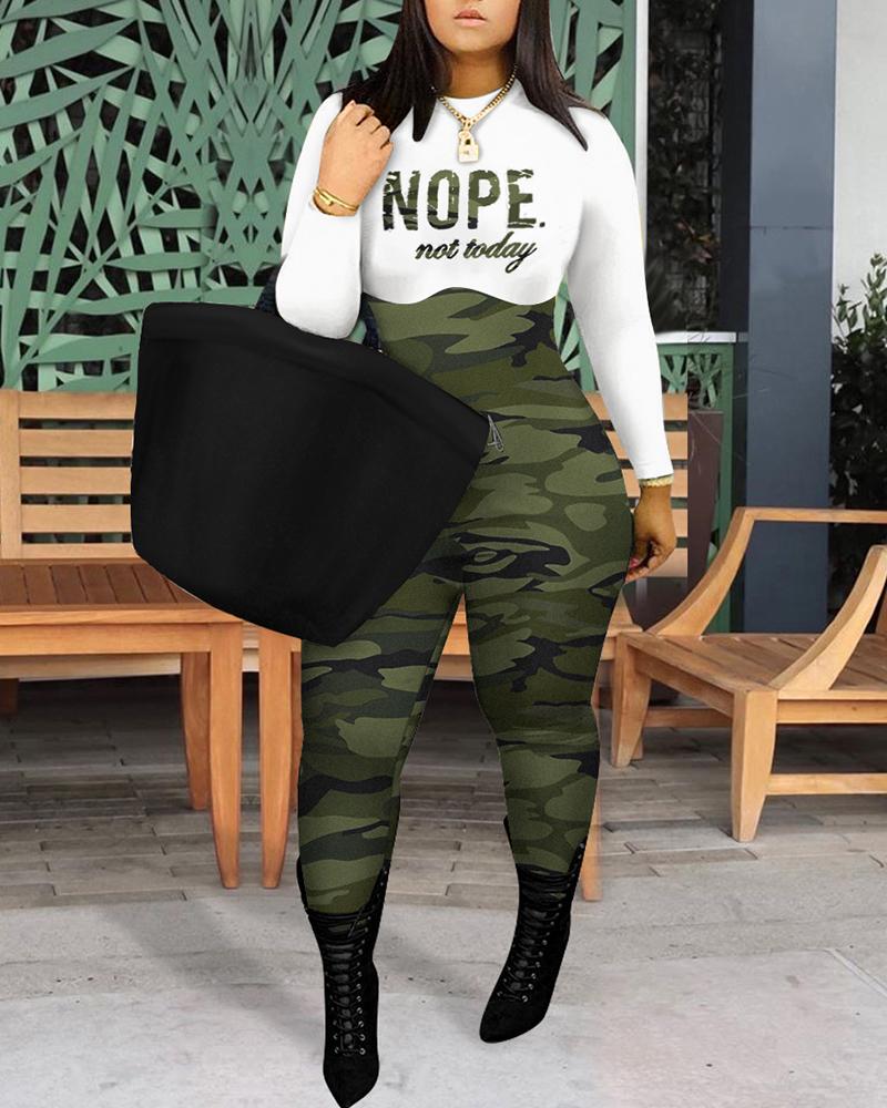 

Camouflage Letter Print Long Sleeve Skinny Jumpsuit, Camoflage