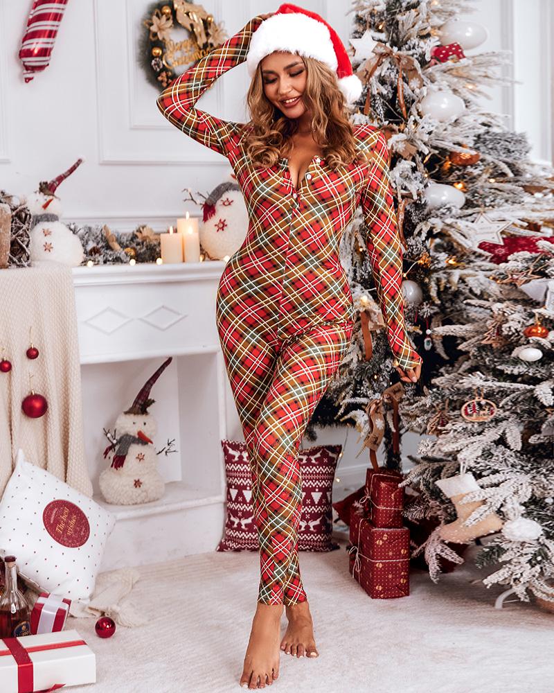 

Christmas Plaid Functional Buttoned Flap Adults Pajamas, Multicolor