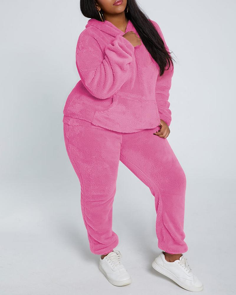 

Pocket Design Hooded Fluffy Coat & High Waist Pants Set, Pink