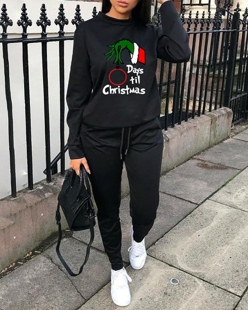 

Christmas Letter Grinch Hand Print Sweatshirt & Pocket Design Pants Set, Black