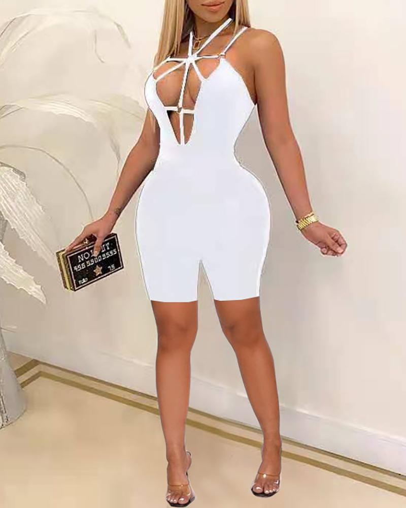 

Plain Plunge Lace Up Cutout Bodycon Romper, White