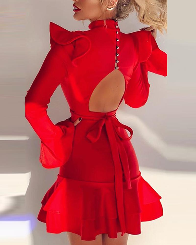 

Solid Backless Ruffle Long Sleeve Dress, Red