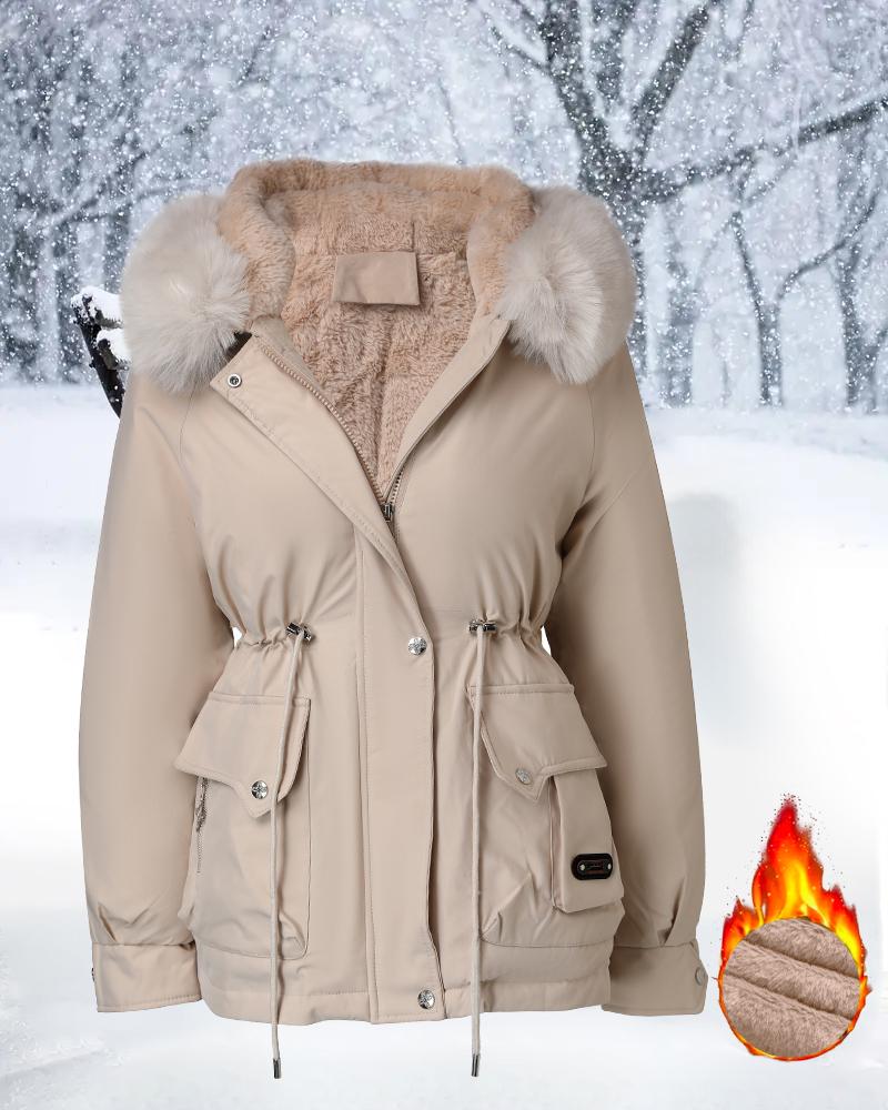 

Casual Fluffy Trim Hooded Jacket Drawstring Waist Zip Up Fleece Lined Coat with Pockets, Apricot